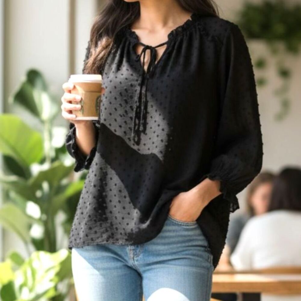 CeCe Black Swiss Dot Ruffle Tie Neck Work Romantic Blouse Size Medium